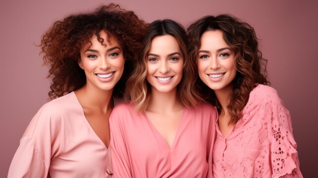 Studio Shot Of A Group Of Smiling Women In Pink Clothes Are Posing Together