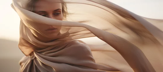 Crédence de cuisine en verre imprimé Abu Dhabi Woman in a long dress walking in the desert with flowing fabric in the wind