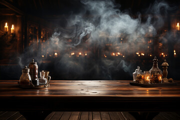 Smoke billows against darkness, wooden table poised for displaying your products Generative AI