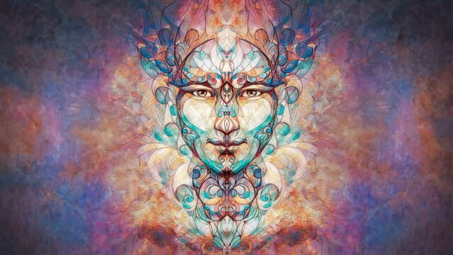 beautiful ornamental face on abstract background. Loop Animation.
