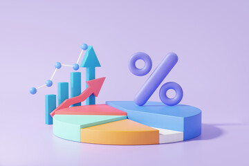 3D chart icon with percentage proportion data analytics optimization growth statistics finance graph business development concept. on purple background. minimal cartoon. 3d render illustration.