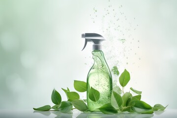 An eco friendly cleaning concept showcasing a spray bottle filled with cleaning solution placed on a light background, accompanied by flying green leaves. Symbolizing environmentally conscious home