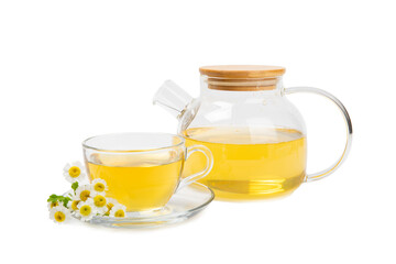 Delicious tonic, soothing and relaxing chamomile tea with chamomile flowers isolated on white background. Herb tea.