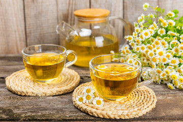Chamomile tea on a brown table. Delicious tonic, soothing and relaxing chamomile tea with chamomile flowers, honey and lemon. Herbal tea for immunity. Close-up.Place for text.Copy space.