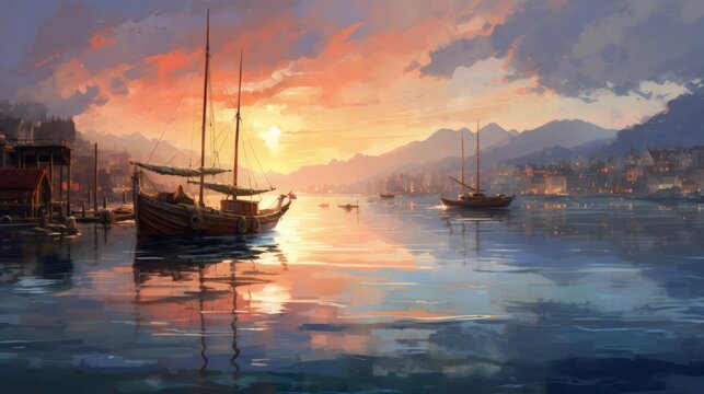 sunset in the harbor. Generative AI