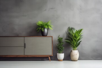 A trendy Scandinavian inspired interior featuring a chic dresser and an attractive arrangement of plants in various trendy pots. The home decor is modern and the background wall is painted in a sleek