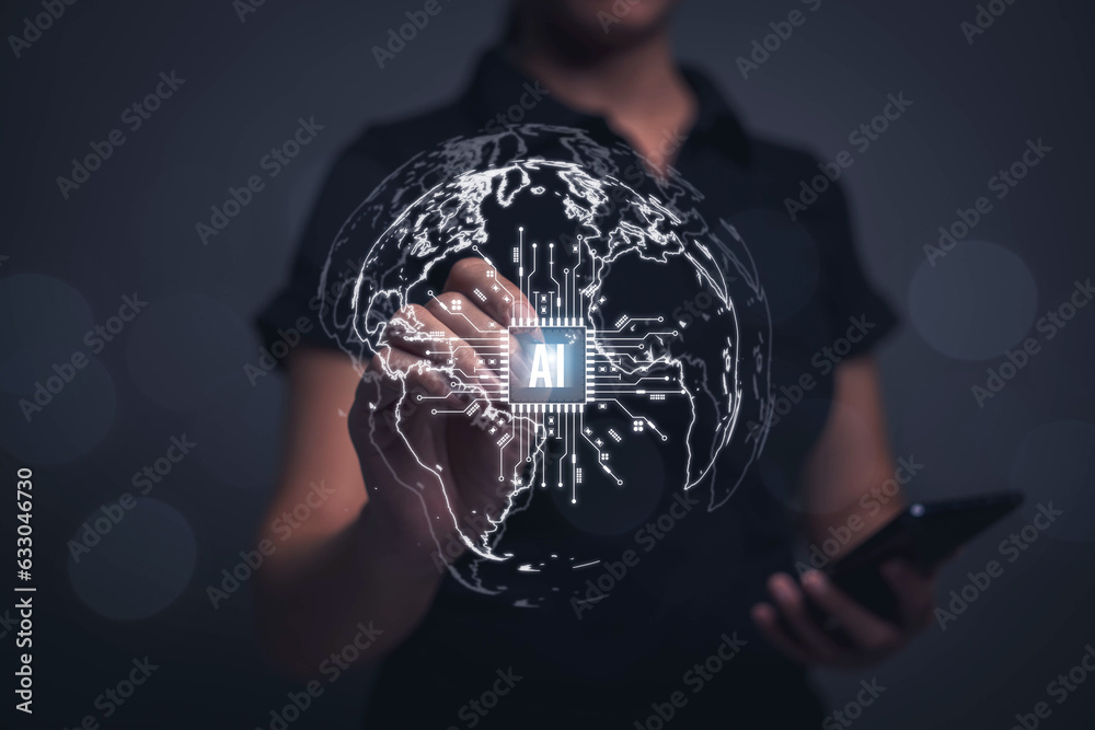 Poster business people are using artificial intelligence technology ai to help their work. searching for in