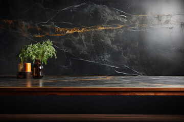 Vacant countertop, glossy black marble, against dim charcoal wall backdrop Generative AI