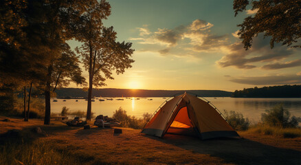 Camping tent on the shore of lake at sunset. Beautiful summer landscape.