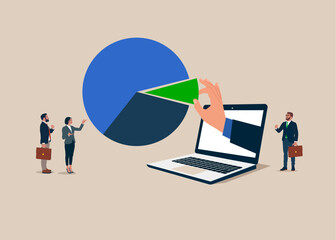 Computer and business people arrange pie chart as suitable for risk and return. Investment asset allocation and rebalance. Vector illustration