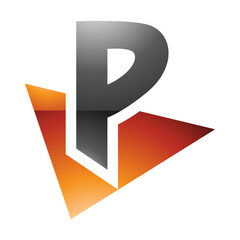 Orange and Black Glossy Letter P Icon with a Triangle