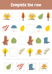 Fototapeta premium Child preschool activity worksheet. Complete the row. What comes next. Education logic game for children, preschool, kindergarten homeschooling. Autumn objects.