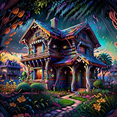Obraz premium A whimsical generative ai illustration featuring charming gnome houses nestled amongst the lush forest foliage