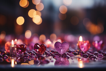 Vibrant Valentines display panoramic magenta, pink red hearts, and glittering bokeh background Generative AI