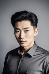 Portrait of a handsome Japanese male model with black hair in a black shirt on a dark background
