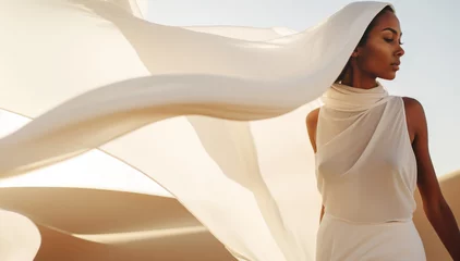 Selbstklebende Fototapete Abu Dhabi Woman in a long white dress walking in the desert with flowing fabric in the wind