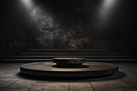 An empty ensemble featuring a spotlighted podium amidst the deep allure of obsidian, creating a captivating focal point