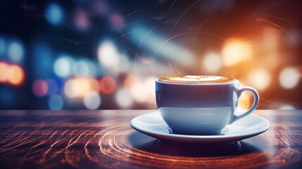 Obraz premium Cup of hot Cappuccino coffee on the table with blur night modern coffee shop background