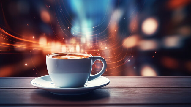 Cup of hot Cappuccino coffee on the table with blur night modern coffee shop background