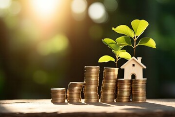 A depiction of coins stacked alongside a tree in front of houses represents the idea of saving money. It signifies the process of setting aside funds for purchasing a new home and planning for future