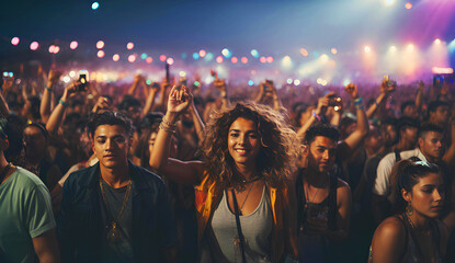 Party and festival, crowd of people with raised hands, concert, bass disco, rave party