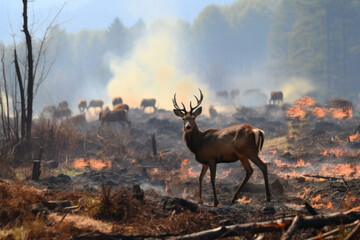 In the foreground is the silhouette of a deer coming out of the burning forest, in the background are the silhouettes of other animals. Natural disasters.