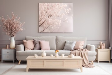 This template showcases a creatively designed living room interior that exudes style. The space features a comfortable grey sofa, a beige commode, and elegant clay vases filled with flowers. The room