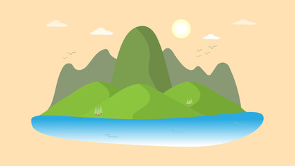 Vector illustration lake in nature and mountain with beautiful sunshine landscape