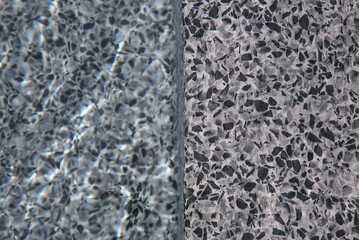 swimming pool steps, water and floor texture pattern (colors, lines, abstract, distorted, ripples) stairs, irregular spots (swim, swimming, summer) split pane, middle, triple, panes