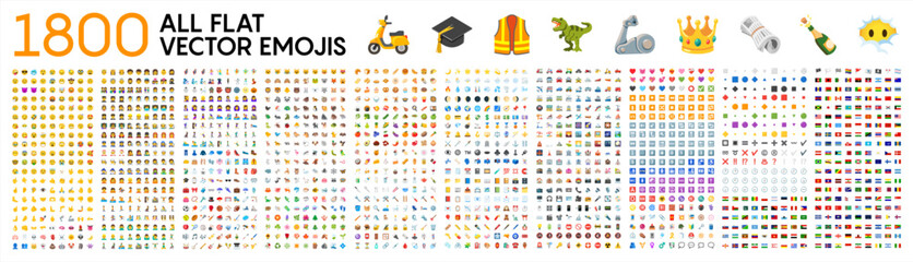 All type of emojis, stickers, emoticons flat vector symbols. All world countries flags, Hands, man, woman, workers, fruit drinks food house, animals, activity, sport icons, collection, vector 10 eps.