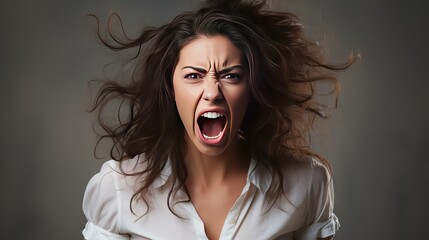 The young emotional angry woman screaming on white studio background