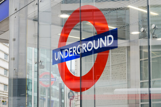 London, UK - July 29, 2023; Large Underground roundel on galss window at Victoria Station