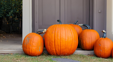 beautiful pumpkins outside a house, concept halloween october terror