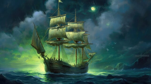 On A Full Moon, I Paint While Cruising The Flying Dutchman, A Spectral Pirate Ship.