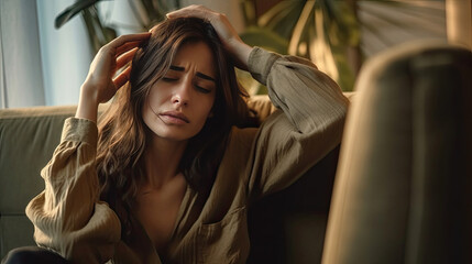 Fototapeta premium Sad unhappy woman sitting on the sofa and holding his forehead while having headache. Lonely and unhappy concept. Generative Ai