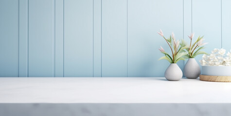 minimalistic interior with marble countertop and vases with flowers on a blue background. Generative Ai.