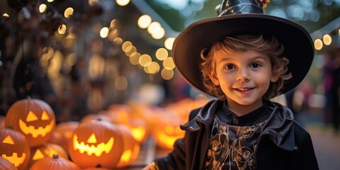 Naklejka premium Little boy in scary costume for halloween portrait with pumpkins