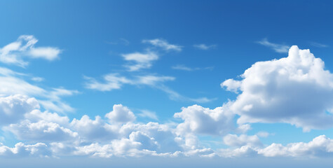 Naklejka na ściany i meble beautiful blue sky panorama with clouds illuminated by bright sun. Generative Ai.