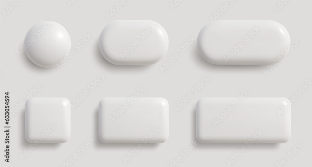 Wall mural white monochrome 3d button set in different shapes. blank glossy round, square and rectangle badges.