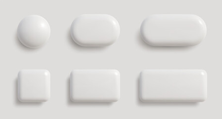 White monochrome 3D button set in different shapes. Blank glossy round, square and rectangle badges. Vector illustration