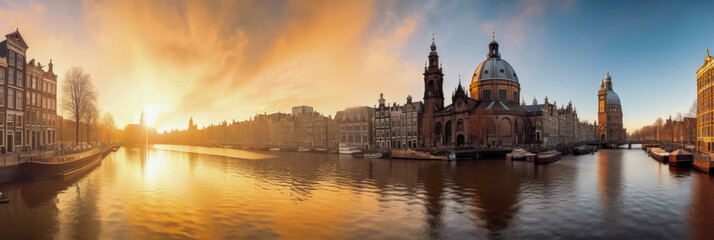 Naklejka premium Amsterdam panoramic view - Generative AI