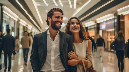 Young couple's joyful mall shopping adventure: candid moments and excitement captured