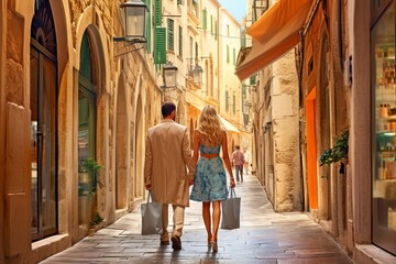 Man and woman walking in the street - A couple walking along a narrow city street with shopping bags