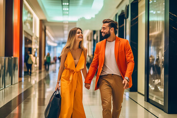 Vibrant shopping bliss: Young couple's joyful mall adventure with colorful bags and radiant smiles