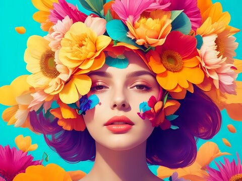  portrait of Surreal abstract woman with flowers over head. Bright summer colors