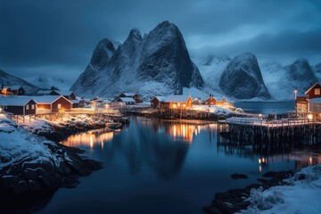 View of the Hamnoy settlement on the Islands. Winter landscape during blue hour. Water and mountains.