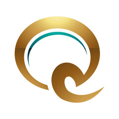 Persian Green and Gold Glossy Hook Shaped Letter Q Icon