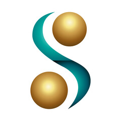 Persian Green and Gold Glossy Letter S Icon with Spheres