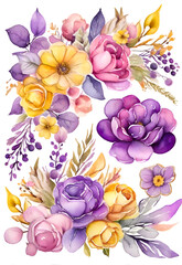 floral purple and yellow watercolor clipart on transparent background