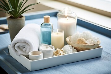 Fototapeta na wymiar A white ceramic tray is adorned with various home spa essentials, ready to create a soothing atmosphere in a residential bathroom for indulging in relaxation rituals. The tray consists of candlelight
